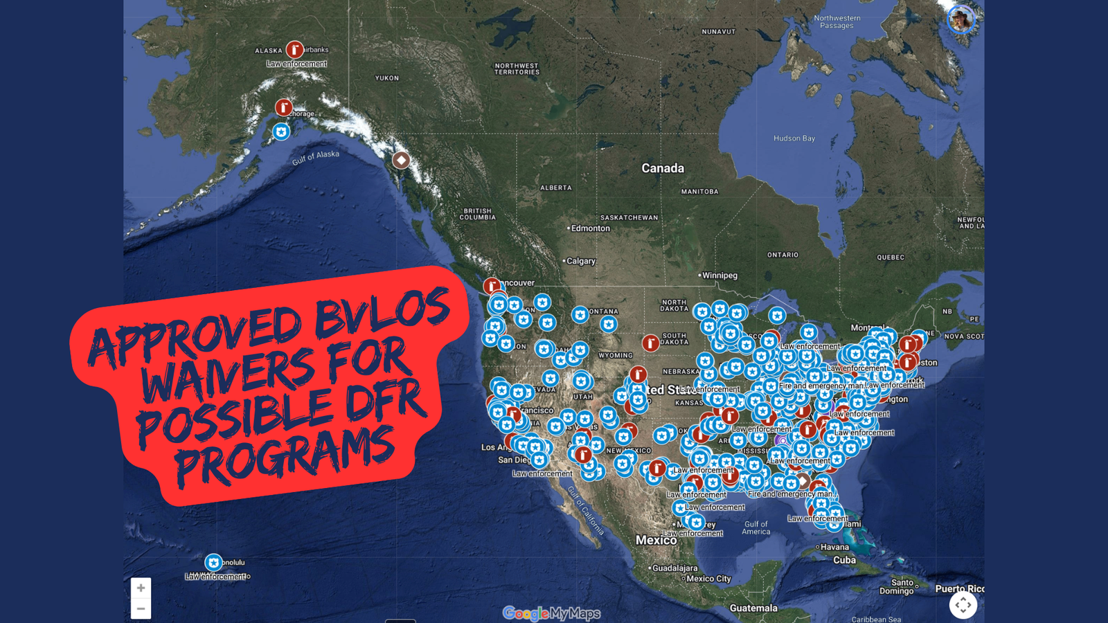 Map of North America dotted with markers, titled Approved BVLOS waivers for possible DFR programs.