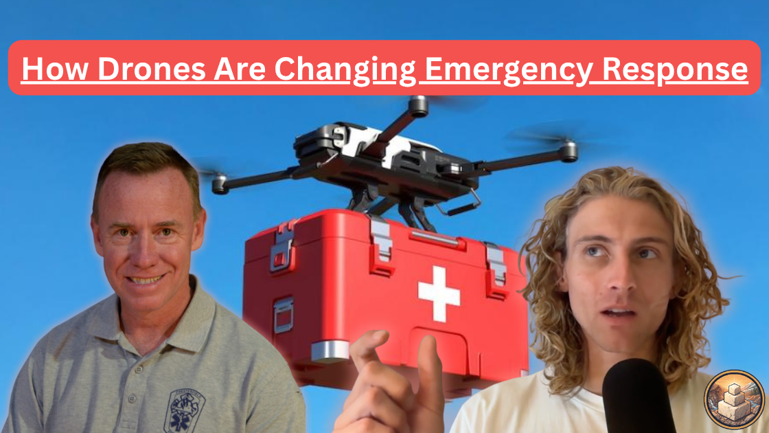 Video thumbnail: How Drones Are Changing Emergency Response. Two men, with a drone carrying a red first aid kit between them.