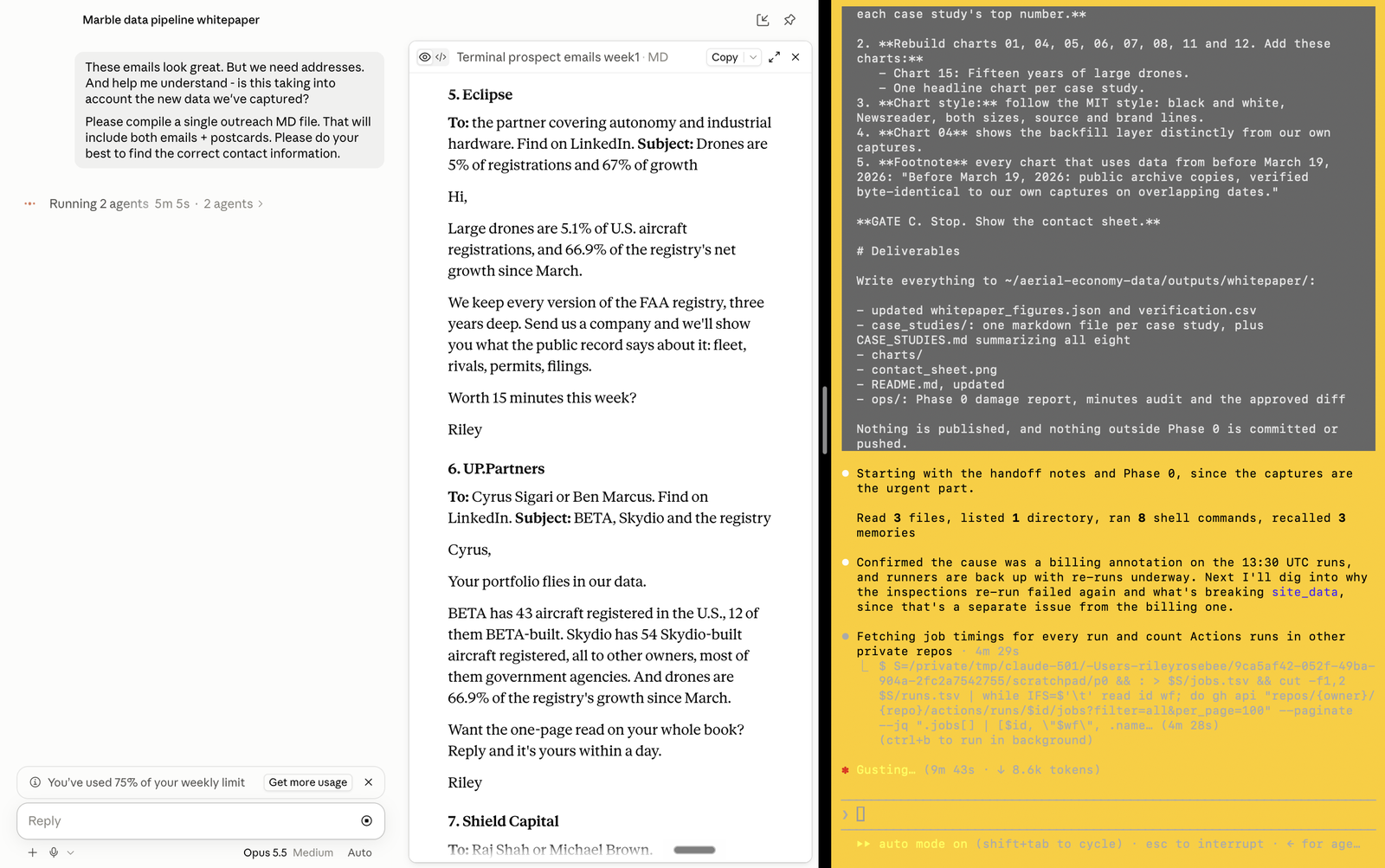 Two windows side by side: a Claude chat drafting outreach emails on the left, and Claude Code in a terminal working through a list of chart tasks on the right.