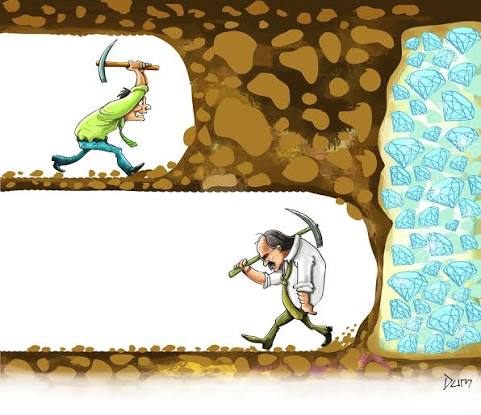Cartoon of two miners. The one above keeps swinging his pick. The one below turns back, one wall away from a seam of diamonds.