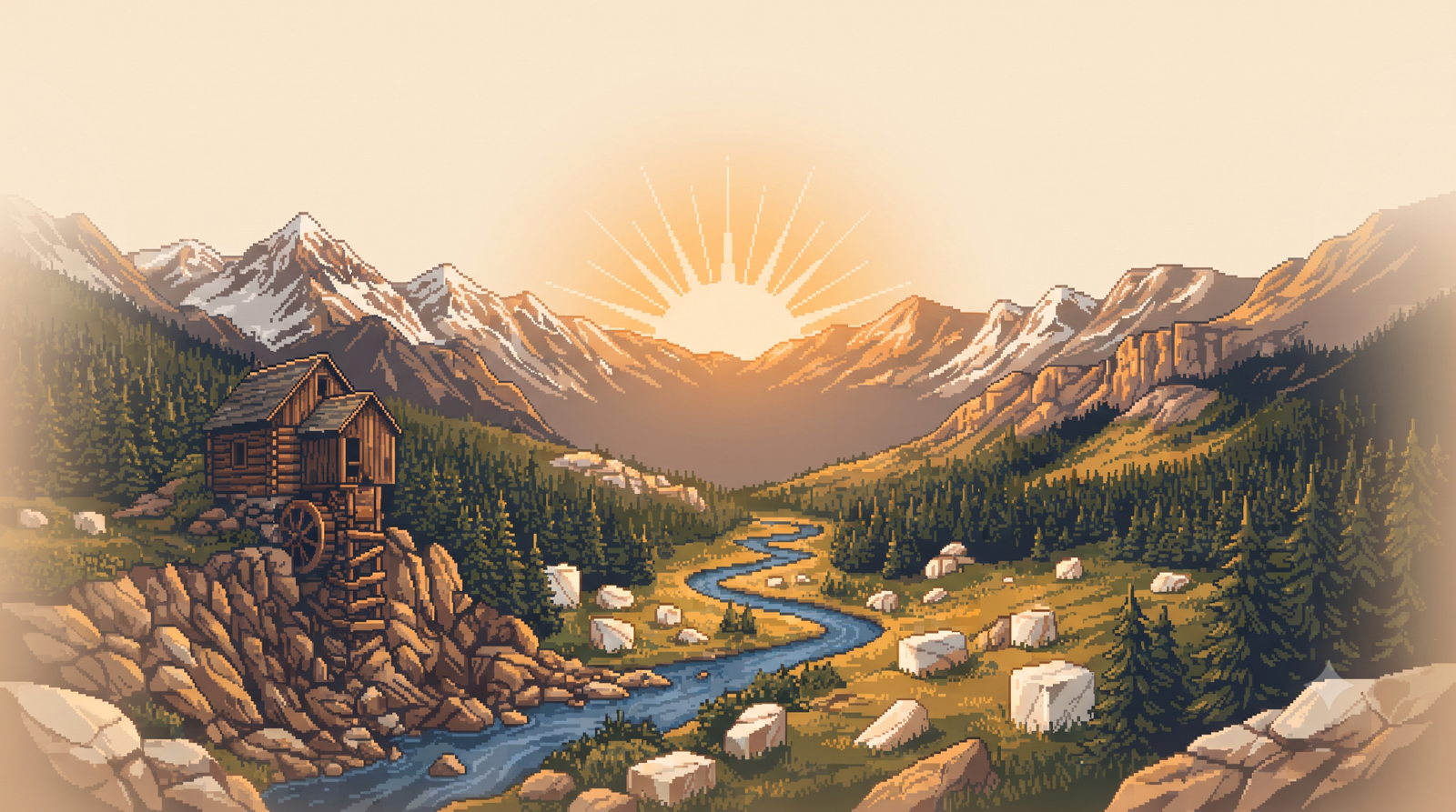 A pixel art mountain valley at sunrise, with a wooden mill and water wheel beside a winding river and blocks of white marble in the meadow.