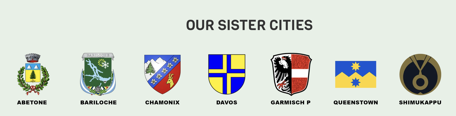Our Sister Cities: the crests of Abetone, Bariloche, Chamonix, Davos, Garmisch-Partenkirchen, Queenstown and Shimukappu.