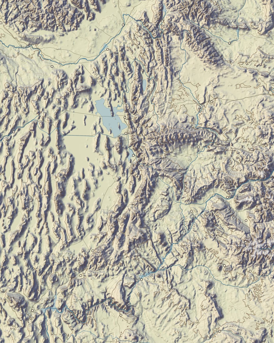 Shaded relief map of the Mountain West with rivers, highways and rail